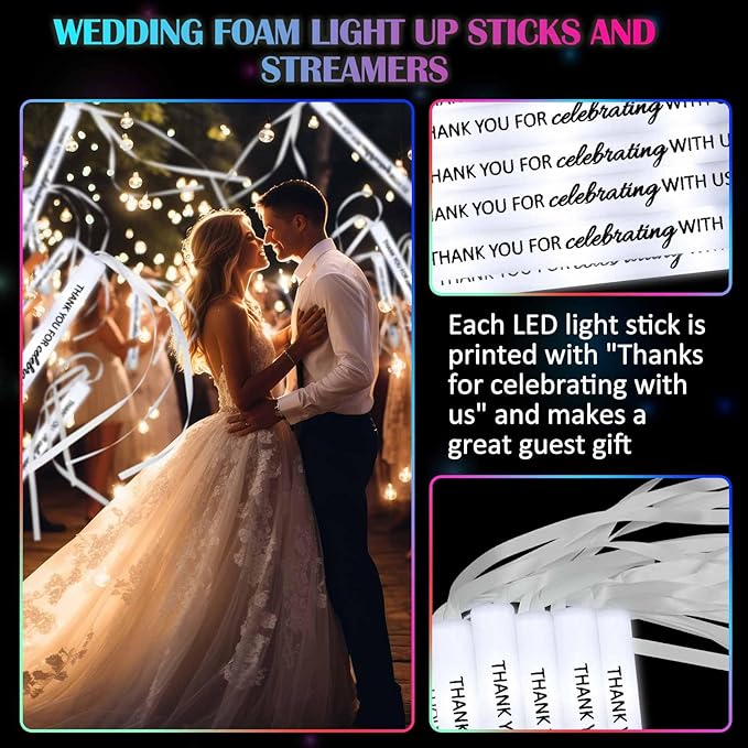 JellyArch 50 Pack Wedding Glow Sticks for Reception LED Foam Light up Sticks with Ribbon Light Stick Bulk with White Flashing for Wedding Send Off Party Favors, Dance Floor, Birthday
