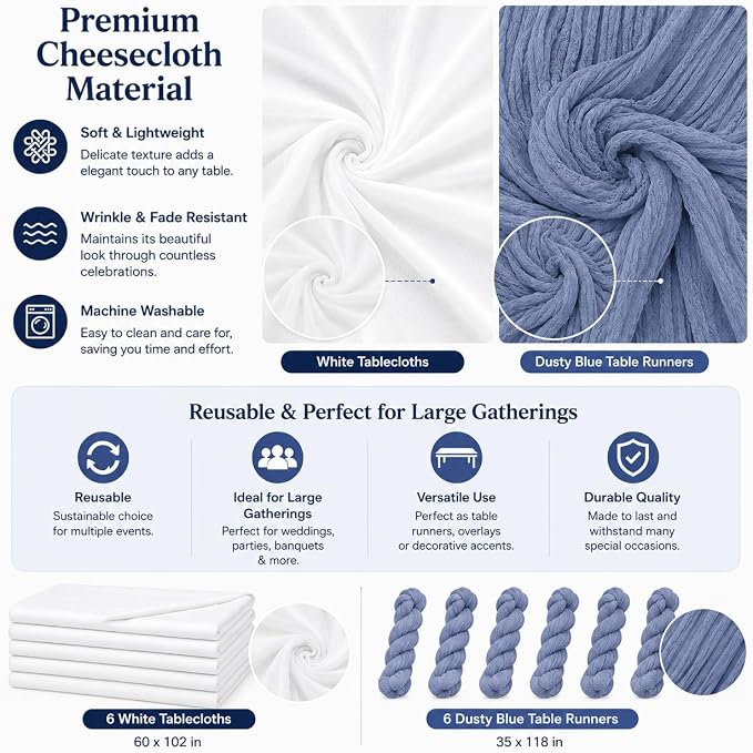 Cinrobiye 12 Pack Boho Wedding Table Decor Set, 6 White Tablecloths and 6 Cheesecloth Table Runners, Gauze Table Runner and Tablecloth Kit for Wedding Baby Shower Bridal Shower Party Reception(Blue)