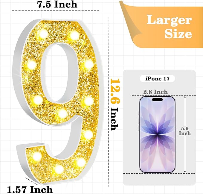 12.6 Inch LED Gold Marquee Light Up Numbers, 9th Birthday Decorations Number Lights as Gifts for Girls Boys, Glitter Lighted Marquee Numbers for Golden Anniversary Party Table Decor, 9