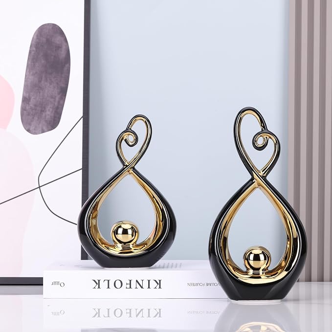 Black Decor Accent, Porcelain Art Mid Century Modern Black and Gold Decorations, Dining Table Objects, Abstract Ceramic Statue Sculpture - for Bookshelf Tv Stand Centerpiece Centro De Mesa