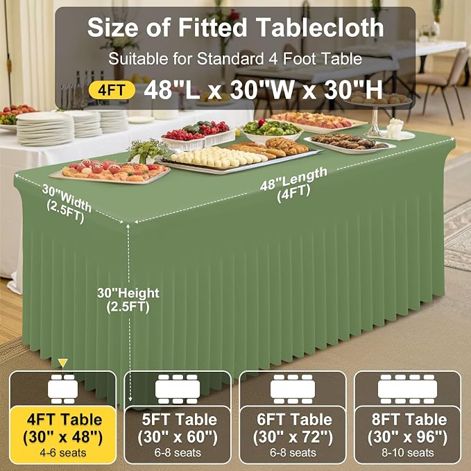 Smiry Spandex Tablecloth 2 Pack, Elastic Fitted Stretch Tablecloth for 4FT Rectangle Tables, Waterproof Washable Table Cover Skirt for Wedding, Banquet & Parties (Sage Green, 48Lx30Wx30H Inch)