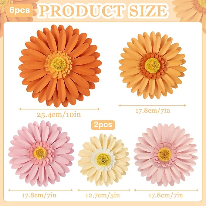 Daisy Paper Flowers Wall Decor 3D Orange Pink Large Flowers Bulletin Board Decoration Spring Garden Groovy Birthday Decorations for Women Girls Baby Shower Classroom Office Boho Nursery Wall Decor