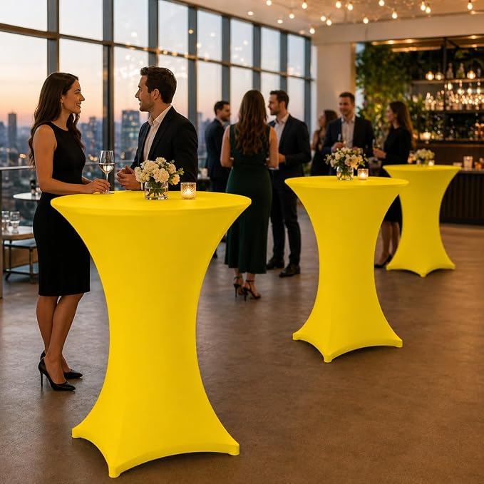 Cocktail Table Covers - 2 Pack 32x43 Inch Table Cloth - Yellow Fitted Stretch Spandex Round High Top Tablecloth for Party, Bar, Birthday, Pub, Banquet