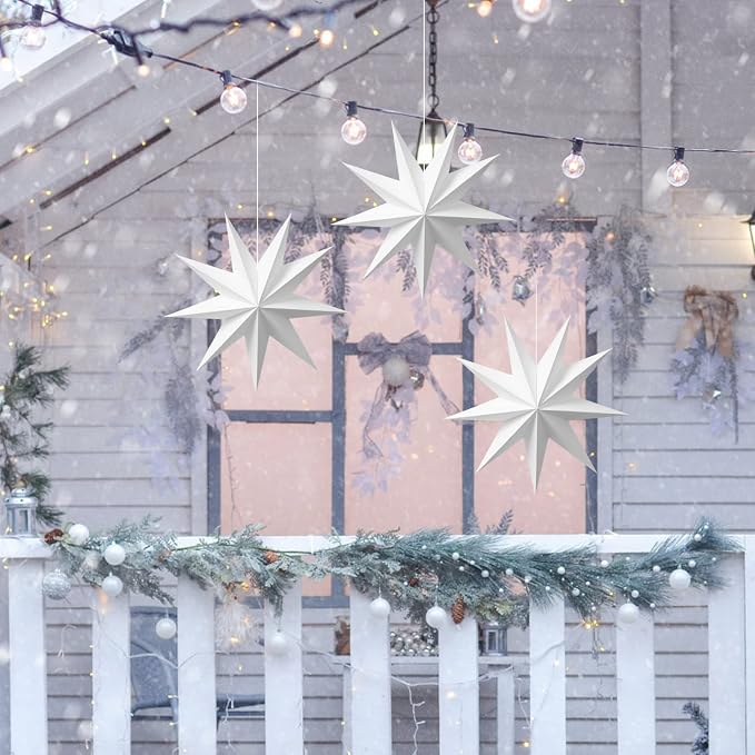 SUNBEAUTY 3 Pcs 9-Pointed White Paper Star Lanterns 12 Inch Hanging Lampshade Wedding Birthday Christmas Home Party Decoration