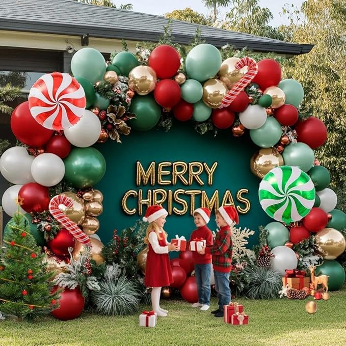Christmas Balloon Arch Kit, Double Stuffed Red Green White Pearl Balloon Garland Sage Green Red Gold Balloons With Candy Cane Balloons for Christmas Birthday Xmas Santa Holiday New Year Party Decor