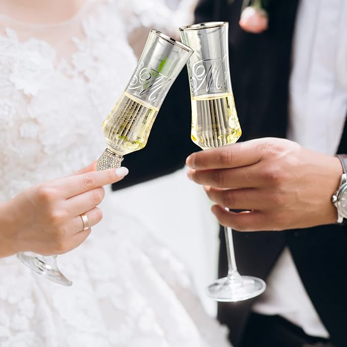 Wedding Cake Knife and Server Set, Mr and Mrs Champagne Flutes Glasses for Bride and Groom Decorated with Colorful Rhinestones, Wedding Gifts for Newly Engaged Couple (Silver)