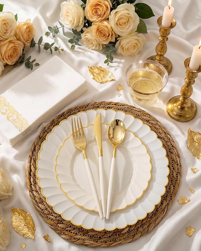 Ciaell 175 PCS Ivory Scalloped Plastic Plates - Gold Disposable Plates Fancy High-end Dinnerware Sets for Wedding & Party (25 Guests)