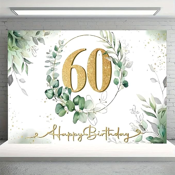Happy 60th Birthday Backdrop Gold 60th Sign Design Eucalyptus Olive Green Birthday Decorations Gold Dots Greenery Succulent Background for Women Men Birthday Supplies(C, 9X6FT)