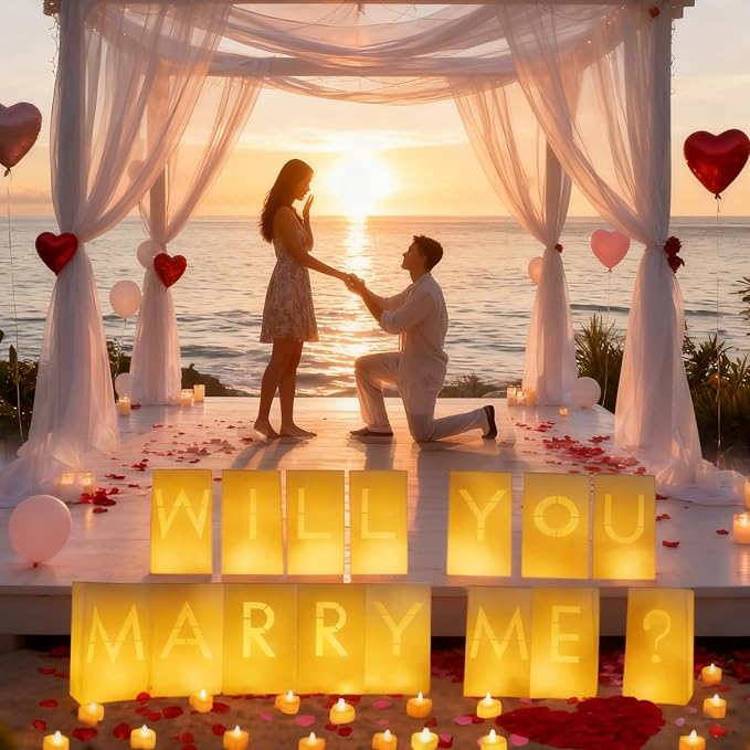 Will You Marry Me Decorations – Romantic Setup Kit with Light Up Letters, 30 Tea Light Candles, 2000 Rose Petals, 10 Balloons – Luminary Bags for Proposal Decoration(W)