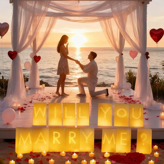 Will You Marry Me Decorations – Romantic Setup Kit with Light Up Letters, 30 Tea Light Candles, 2000 Rose Petals, 10 Balloons – Luminary Bags for Proposal Decoration(W)