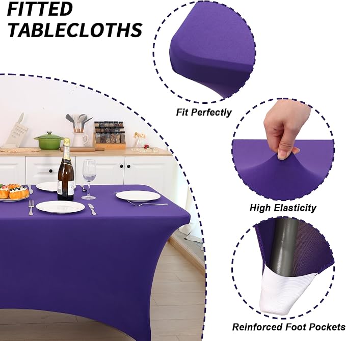 Fixwal 3 Pack Purple Tablecloth Rectangle 6Ft, Stretch Spandex Fitted Table Cover for Party, Trade Show, Wedding, Buffet, Graduation, Vendor Stand