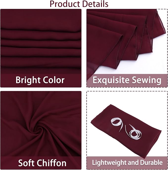Fivenl 12 Pack Chiffon Table Runner - 12 x 120 Inches Sheer, Romantic for Wedding, Birthday, Party & Baby Shower Decoration (Burgundy)