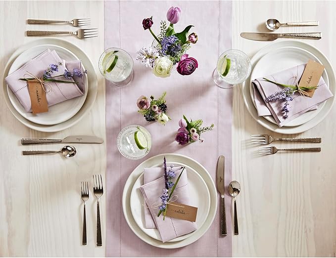 Solino Home Linen Table Runner 60 Inches - 100% Pure Linen Lilac Hemstitch Table Runner 14 x 60 Inch Ideal for Dresser and Coffee Tables, Mothers Day, Spring, Summer - Classic Hemstitch