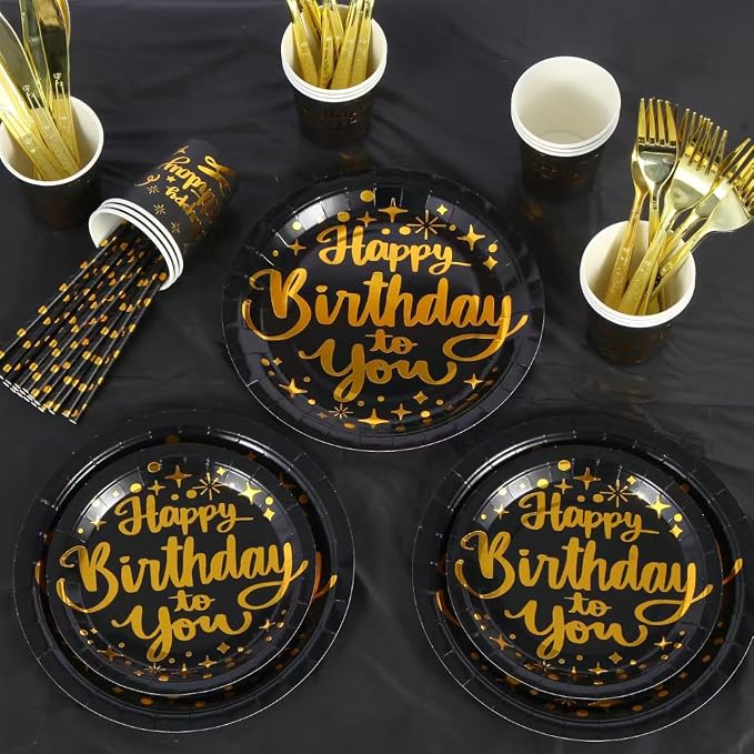 201 Pieces Birthday Plate Set, Birthday Decorations, Includes Paper Plates, Paper Cups, Straws, Napkins, Tablecloths, and Plastic Knives, Forks, and Spoons, Suitable for parties of 25 people!（Black）
