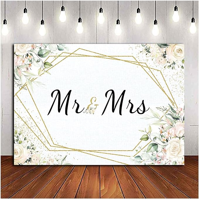 Mr & Mrs White Floral Bridal Shower Backdrop Mr Mrs Wedding Theme Photo Backgrounds 7x5ft Wedding Bride to Be Engagement Photography Backdrops Prom Party Banner Decor Party Banner Photo Booth Prop