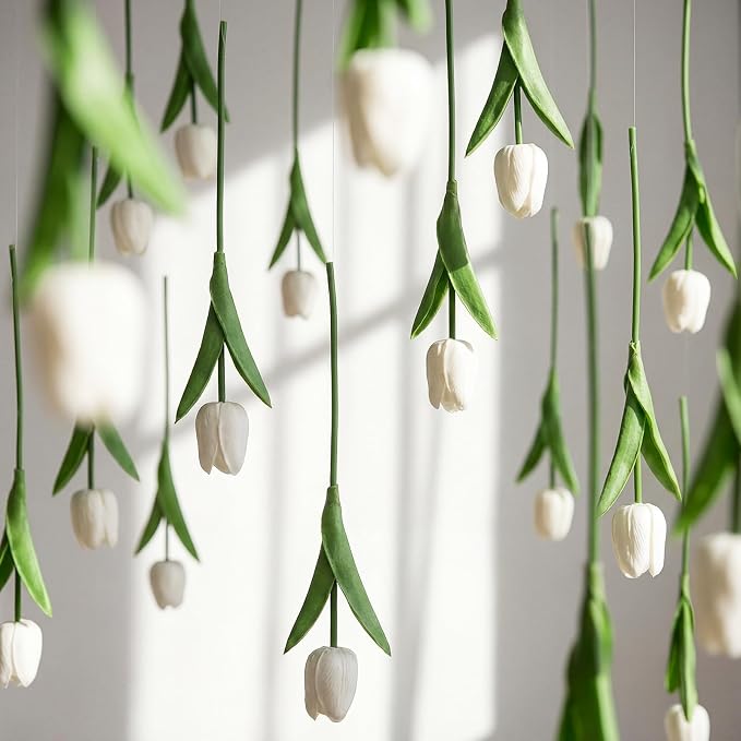 24 Pack White 5 ft Artificial Tulips Hanging Flower Garland Decorations Spring Summer Dangling Faux Tulip Floral Vine Strings with Hooks for Wall Ceiling Wedding Tea Party