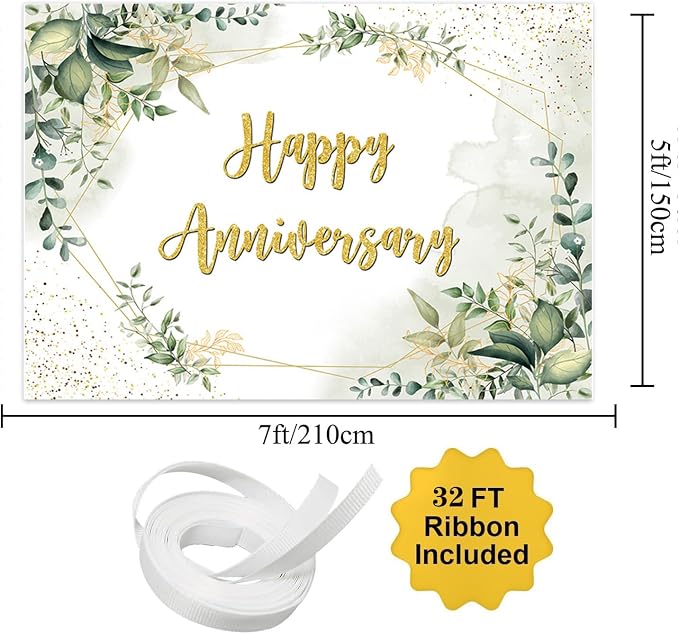 6x4ft Greenery Theme Happy Anniversary Backdrop Green Leaves Gold Glitter Wedding Photography Background for Couples Anniversary Wedding Party Engagement Decorations