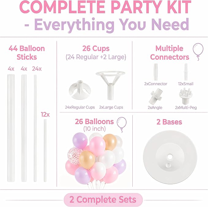 Balloon Column Kit Set of 2,Anti-Tip Sand-Fill Base Balloon Tower Stand with 10" 26pc pink purple Confetti Balloons,Height Adjustable for Easter Birthday Wedding Bridal Party Decorations