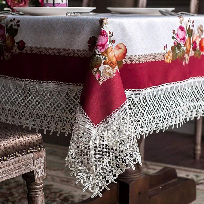 ARTABLE Lace Spring Table Cloth Rectangle Fall Antique Flower Decor Macrame Tablecloth for Outdoor Farmhouse Rustic Kitchen Party Birthday Picnic (Burgundy, 60 x 120 Inch)