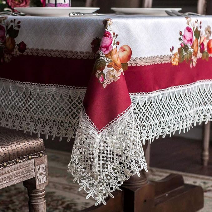 ARTABLE Lace Spring Table Cloth Rectangle Fall Antique Flower Decor Macrame Tablecloth for Outdoor Farmhouse Rustic Kitchen Party Birthday Picnic (Burgundy, 60 x 104 Inch)