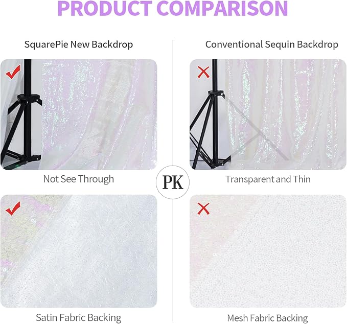 SquarePie 10x10ft Iridescent Sequin Backdrop for Photography, Satin-Backed Real Sequin Curtain, Enhanced Coverage Shimmering Background with 4" Rod Pocket for Wedding, Birthday, Party Decor, 1 Panel