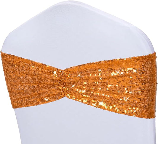 Poise3EHome Orange Sequin Chair Sashes,Folding Chair Cover Bands for Wedding Party Ceremony Banquet Decorations, 20 PCS