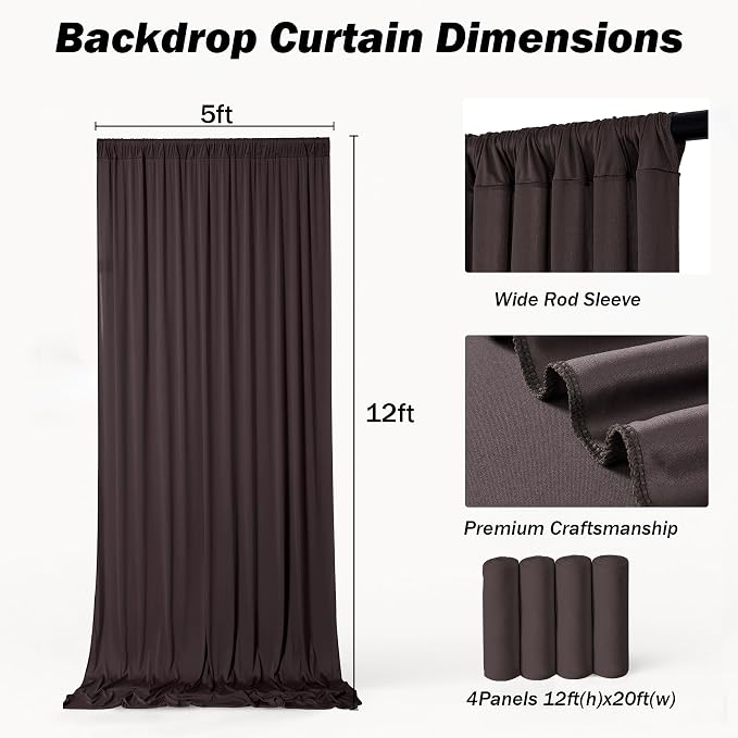 20ft×12ft Brown Backdrop Curtains for Wedding Parties, 4 Panels Wrinkle Free Polyester Photo Backdrop Drapes Back Drop Cloth for Birthday Photography Background