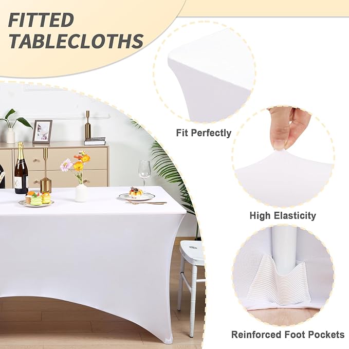 Fixwal 12 Pack White Tablecloth Rectangle 6Ft, Stretch Spandex Fitted Table Cover for Party, Trade Show, Wedding, Buffet, Graduation, Vendor Stand
