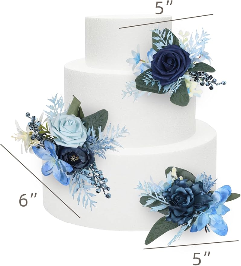 Rinlong 3Pcs Pre-made Cake Flowers Navy Blue Cake Decorations Wedding Cake Decorating Flowers Decor Birthday Baptism Party Artificial Flowers Cake Toppers