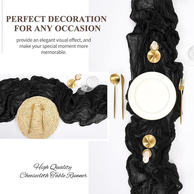8 Pack 10Ft Cheesecloth Table Runner Black, 20 x 120 Inch Rustic Gauze Boho Cheese Cloth Wedding Long Table Runner for Wedding Party Bridal Shower Decoration