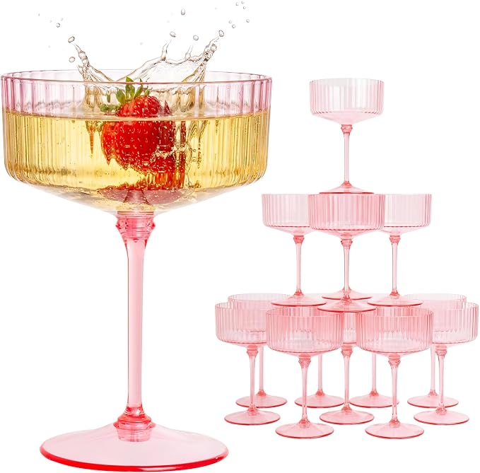 LIYH 20pcs Pink Martini Glasses 10 Oz Martini Glasses Plastic Disposable Pink Coupe Glasses Plastic Champagne Tower Disposable Martini Cups Perfect for Any Party,Bar,Cocktail,Beverage,Party