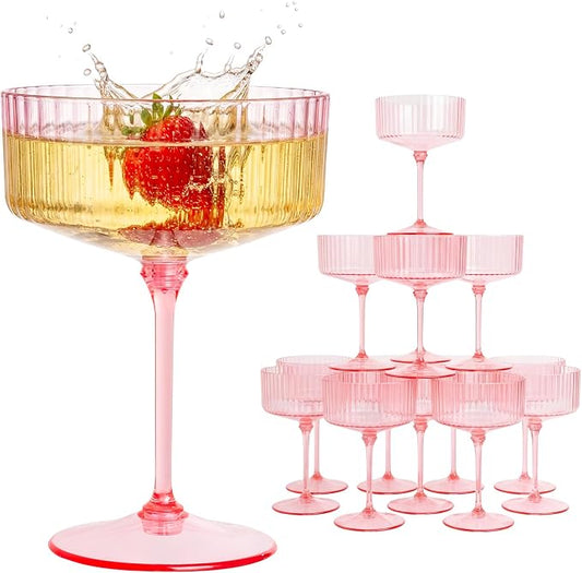 LIYH 20pcs Pink Martini Glasses 10 Oz Martini Glasses Plastic Disposable Pink Coupe Glasses Plastic Champagne Tower Disposable Martini Cups Perfect for Any Party,Bar,Cocktail,Beverage,Party