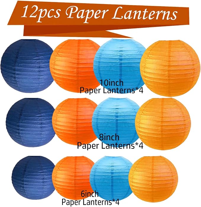Orange and Blue Paper Lanterns 12Pcs Hanging Lantern for Birthday Party, Wedding, Home Decor, Baby Shower Festive Decoration