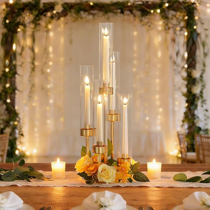 5-Arm Black Metal Table Candelabra Centerpiece, 22" Tall Clear Candlesticks Holder with Shade for Valentines Day Events Party Table Centerpiece,Fit LED Candles (4, Gold, S-22in)