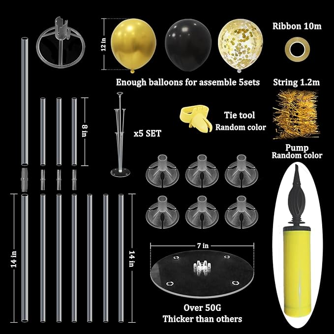 ZJDHPTY 5Set Black and Gold Balloon Stand Centerpiece Table Decorations | Milestone 60th 70th 40th 50th Birthday Decorations,Graduation Retirement Wedding Anniversary New Years Eve Party Supplies