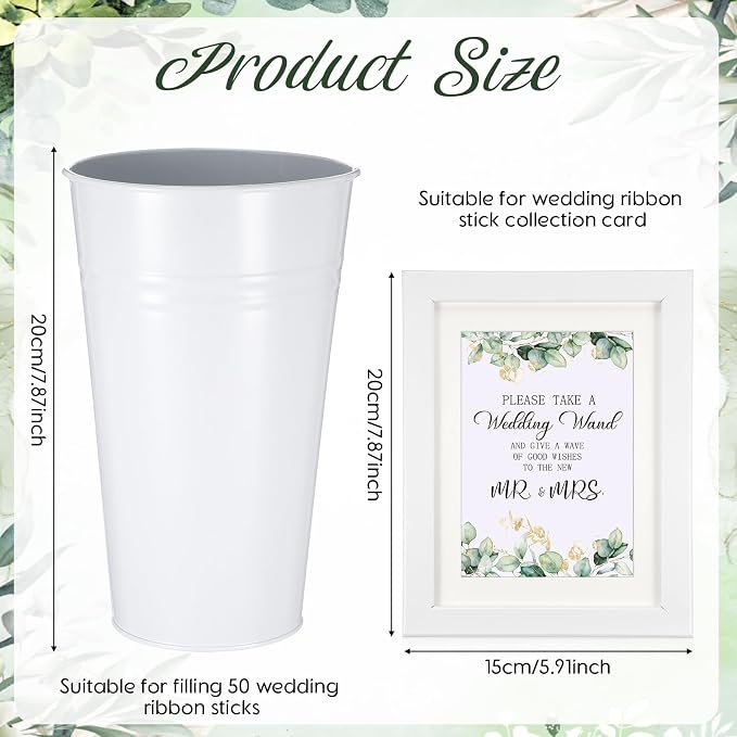 Baderke 103 Pcs Ribbon Wedding Wands with Tags and Holder Includes 1 Galvanized Metal Bucket 50 Silk Wand 50 Wedding Favor Tags 1 Wand Card 1 Photo Frame for Wedding Anniversary Bridal Decors