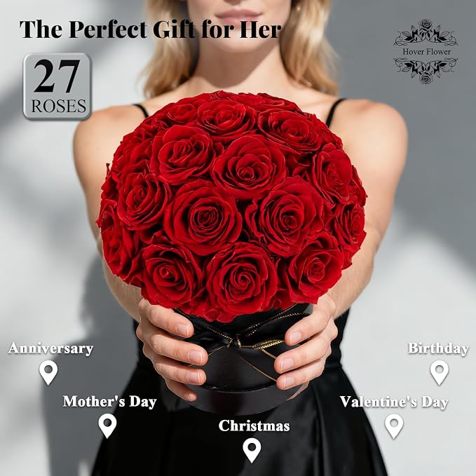 27 Preserved Flowers for Delivery Prime, Roses Dome Forever Flower Decor for Party Home Table Bedroom, Anniversary, Birthday, Wedding Gifts for Women Her (Red)