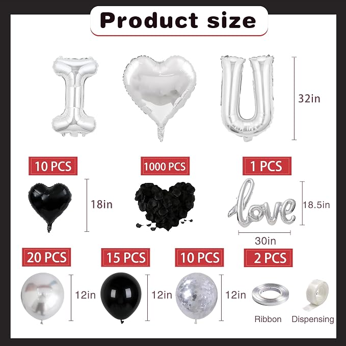 32 Inch I Love You Balloons Black and Silver Balloon with Heart Shaped, Love Foil Balloons and 1000 Pieces Rose Petals for Anniversary Valentine's Day Proposals Decorations (Black and Silver)