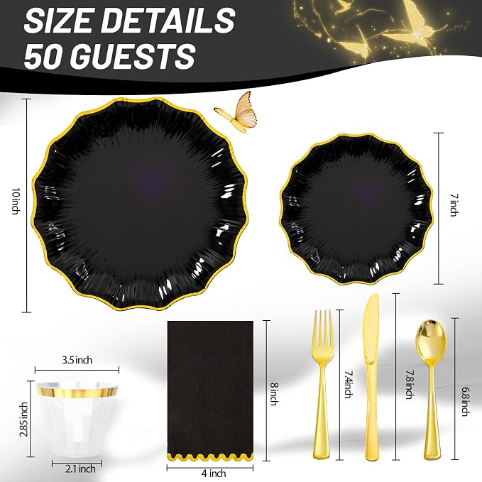 I00000 350 PCS Black and Gold Plastic Plates for 50 Guests, Premium Scalloped Disposable Dinnerware Set Include: 100 Disposable Plate, 50 Napkins, 50 Cups, 50 Silverware Set for Party & Wedding