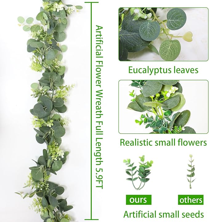 Artificial Eucalyptus Garland, 5.9FT Greenery Garland Vines Decoration, Faux Silver Dollar Eucalyptus Leaves for Table Home Wedding Mantle Party Indoor Decor