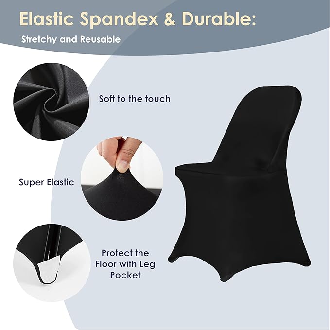 Craft And Party 100 Pack Black Spandex Folding Chair Covers, Stretch Polyester Slipcovers for Wedding, Party & Dining Chairs – Flat Front Design, Universal Fit