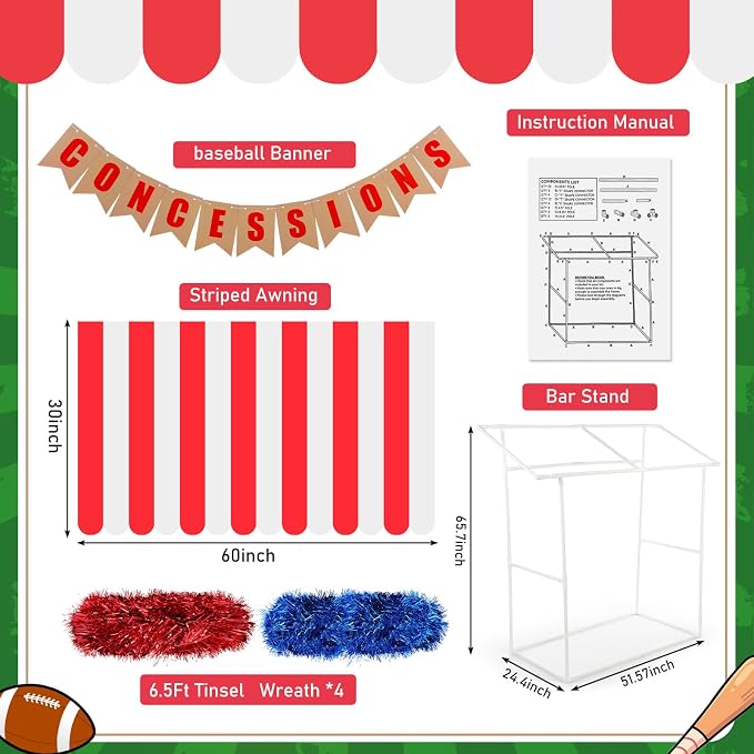 Concessions Stand Supplies Baseball Party Decoration with 1 Set Stand 1 Red and White Striped Sunshade Cloth 4 Red and Blue Tinsel 1 Concessions Banner for Baseball Sport 4th of July Party Decor