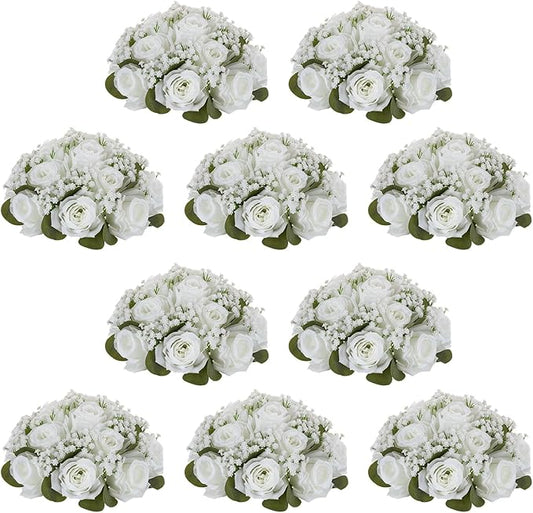 NUPTIO Babys Breath Artificial Flowers: 10 Pcs 8.6 inch Diameter White Rose Ball Fake Arrangement Bouquet for Wedding Centerpiece Event Party Tables Decorations