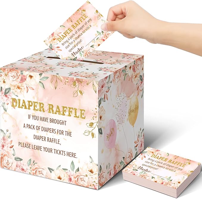 Teling 51 Pieces Diaper Raffle Tickets with Card Box Baby Shower Decorations Baby Shower Holder Box for Girl Boy Diaper Raffle Party(Floral Style)