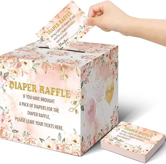 Teling 51 Pieces Diaper Raffle Tickets with Card Box Baby Shower Decorations Baby Shower Holder Box for Girl Boy Diaper Raffle Party(Floral Style)