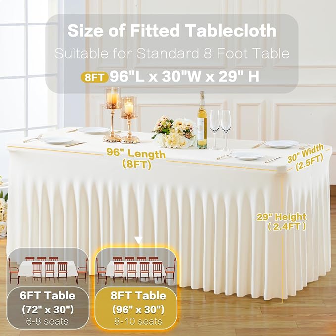 gogoparti 6 Pack Spandex Ivory Fitted Table Cloth for 8ft Rectangle Tables Ivory Stretch Tablecloth Banquet Table Covers Skirt Wrinkle Free Tablecloths for Parties Wedding