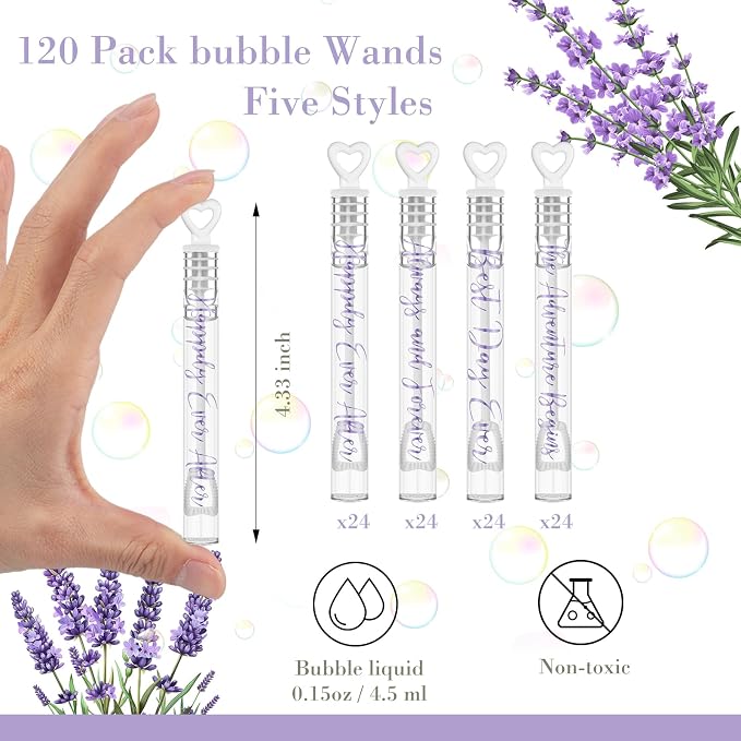 Hollowfly 120 Pack Purple Lavender Wedding Mini Bubble Wands for a Wedding Bulk White Heart Bubble for Guests Send off Wand Adults Bridal Exit Shower Party Supplies Valentine Anniversaries Celebration