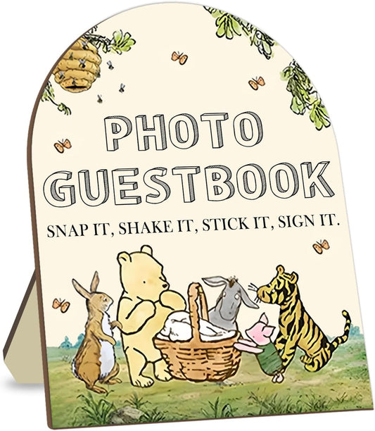 Winnie Wedding Photo Guestbook Desk Decor, The Pooh Photo Guestbook Wooden Sign, Baby Shower Party Decor, Wedding Party Supplies for Reception with Stand 8 * 10In