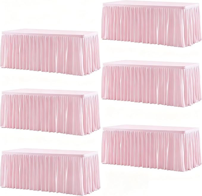 Wish Care 6 Pack Blush Pink Rectangle Table Clothes for 8 Foot Tables, Polyester Fitted Tablecloths 8ft Stretch Table Cover for Wedding, Birthday, Parties, Trade Show, Craft Show