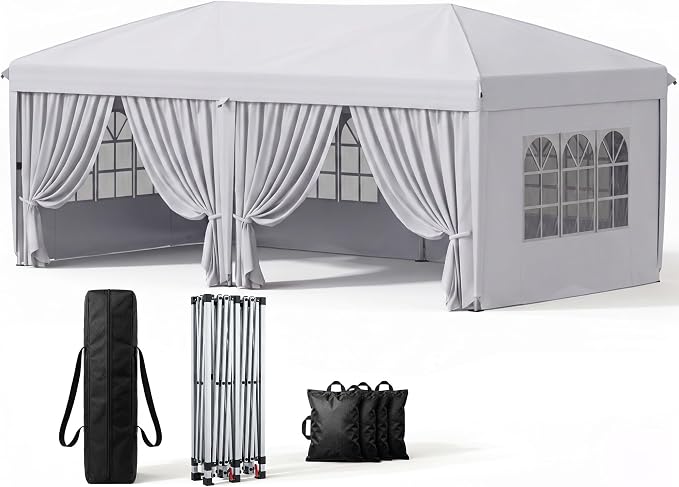 10x20 Pop Up Canopy with Sidewalls, Instant Tent with Carry Bag, Sandbags, Height Adjustable Waterproof Outdoor Canopy, Outdoor Canopy for Events, Camping, Parties (White)